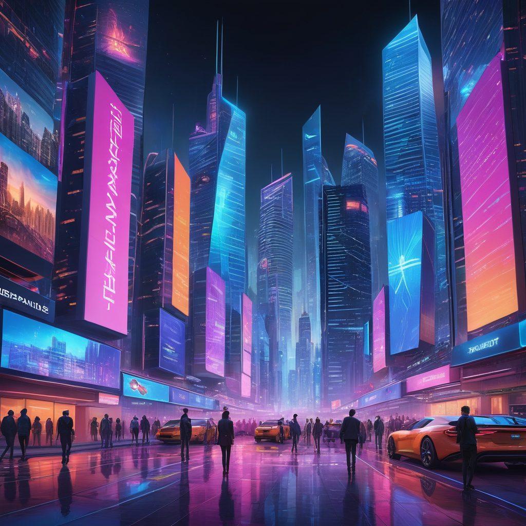 A futuristic landscape showcasing a digital city where people interact with holographic insurance options displayed above them. Include elements like virtual reality interfaces, diverse individuals engaging with technology, and bright digital screens illustrating various insurance plans. The atmosphere should be lively and innovative, symbolizing the transformation of insurance through technology. neon colors. cyberpunk. 3D.