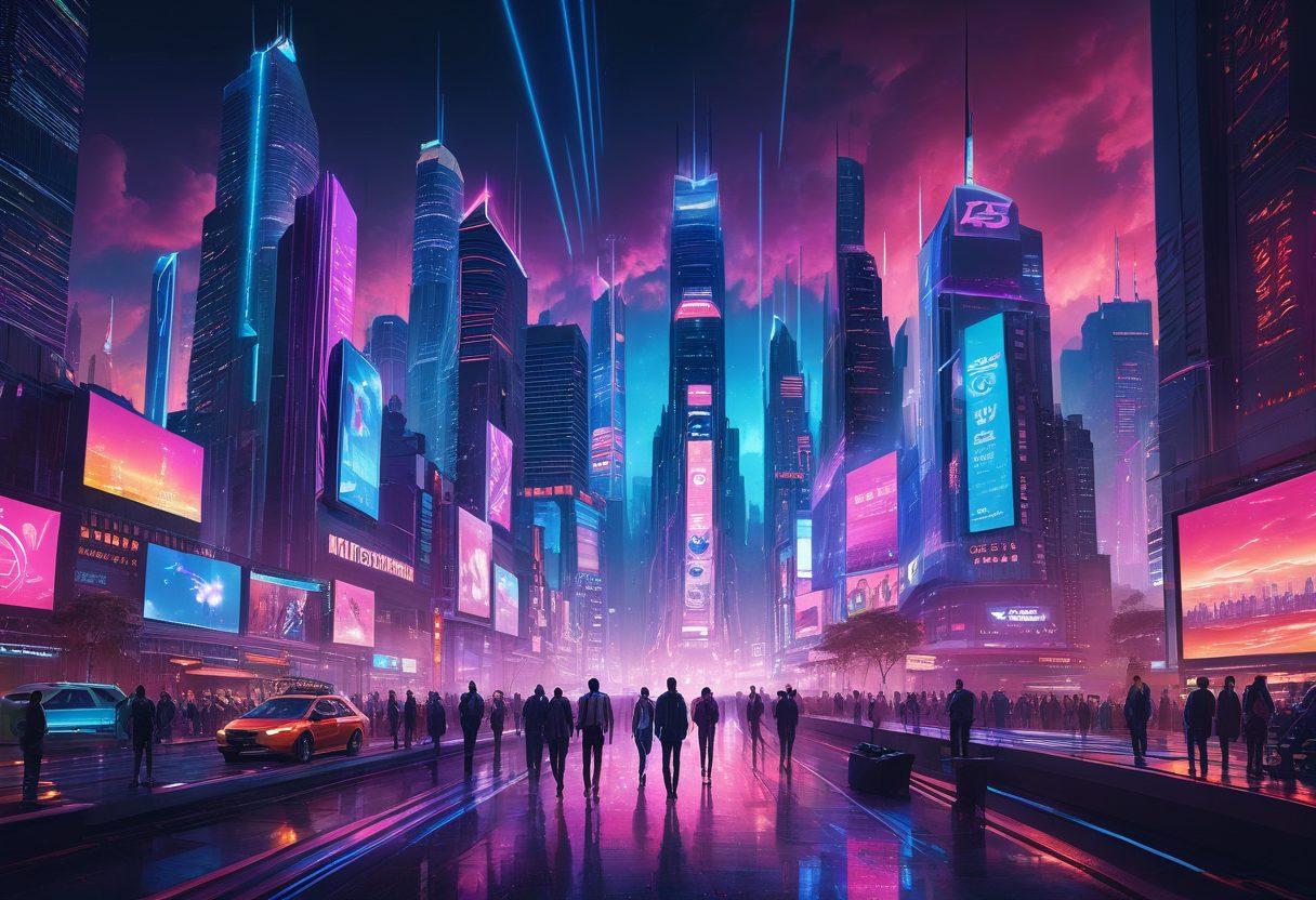 A futuristic city skyline illuminated by neon lights, with digital insurance policy documents floating in the air, showcasing innovative coverage options. Include diverse people interacting with holographic insurance interfaces, portraying the evolution of coverage solutions. The scene should exude a sense of progress and technology. cyberpunk. vibrant colors. 3D.