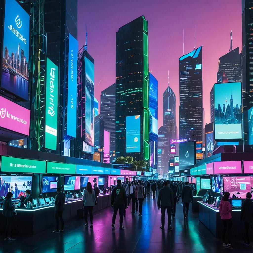 A futuristic digital marketplace showcasing e-insurance services, with diverse individuals interacting with holographic policy documents and price comparisons, set against a city skyline with technology elements like drones and screens. Include vibrant colors and sleek, modern design to evoke innovation and accessibility in insurance. super-realistic. vibrant colors. cyberpunk.